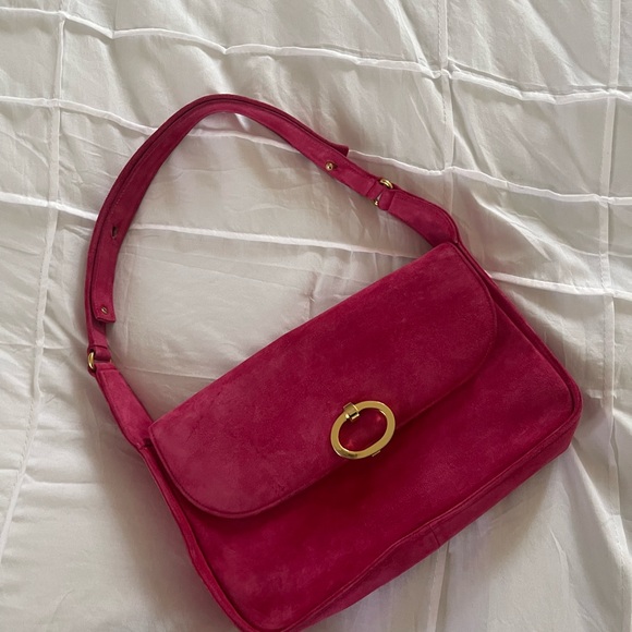 Handbags - Pink Suede Shoulder Bag with Gold Ring Accent